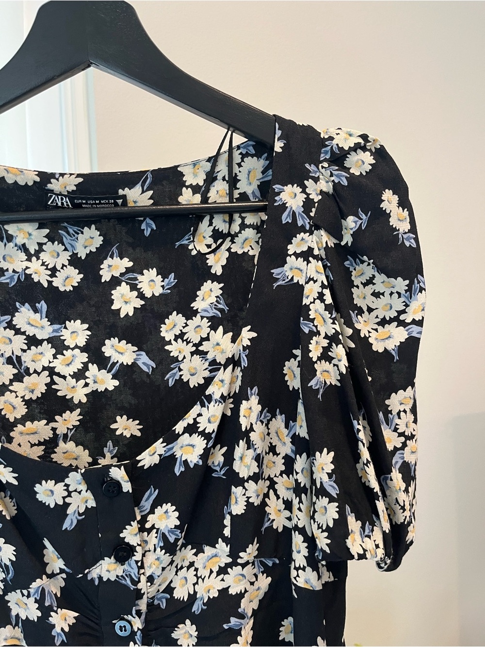 Zara Floral Button Front Mini Dress Puff Sleeve Black Size M